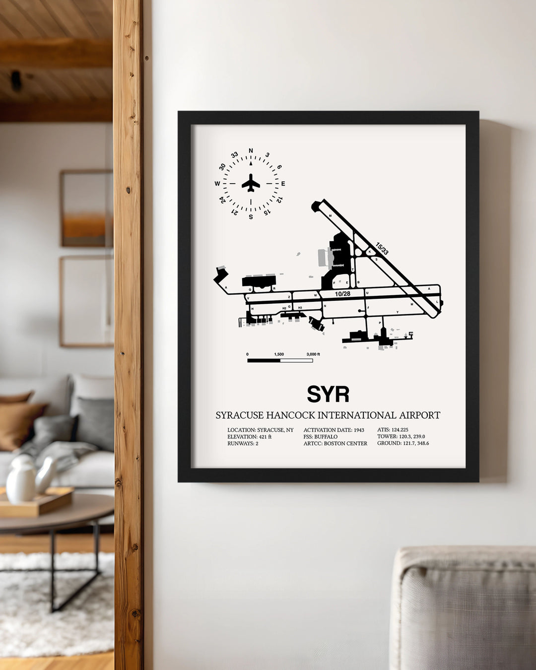 Framed Detailed Airport Map of Syracuse Hancock International Airport (SYR) in White with a Black Frame