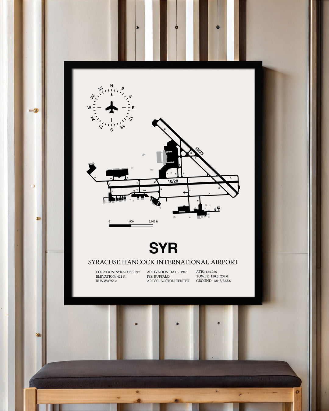 Framed Detailed Airport Map of Syracuse Hancock International Airport (SYR) in White with a Black Frame