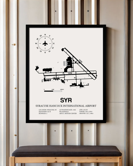 Framed Detailed Airport Map of Syracuse Hancock International Airport (SYR) in White with a Black Frame