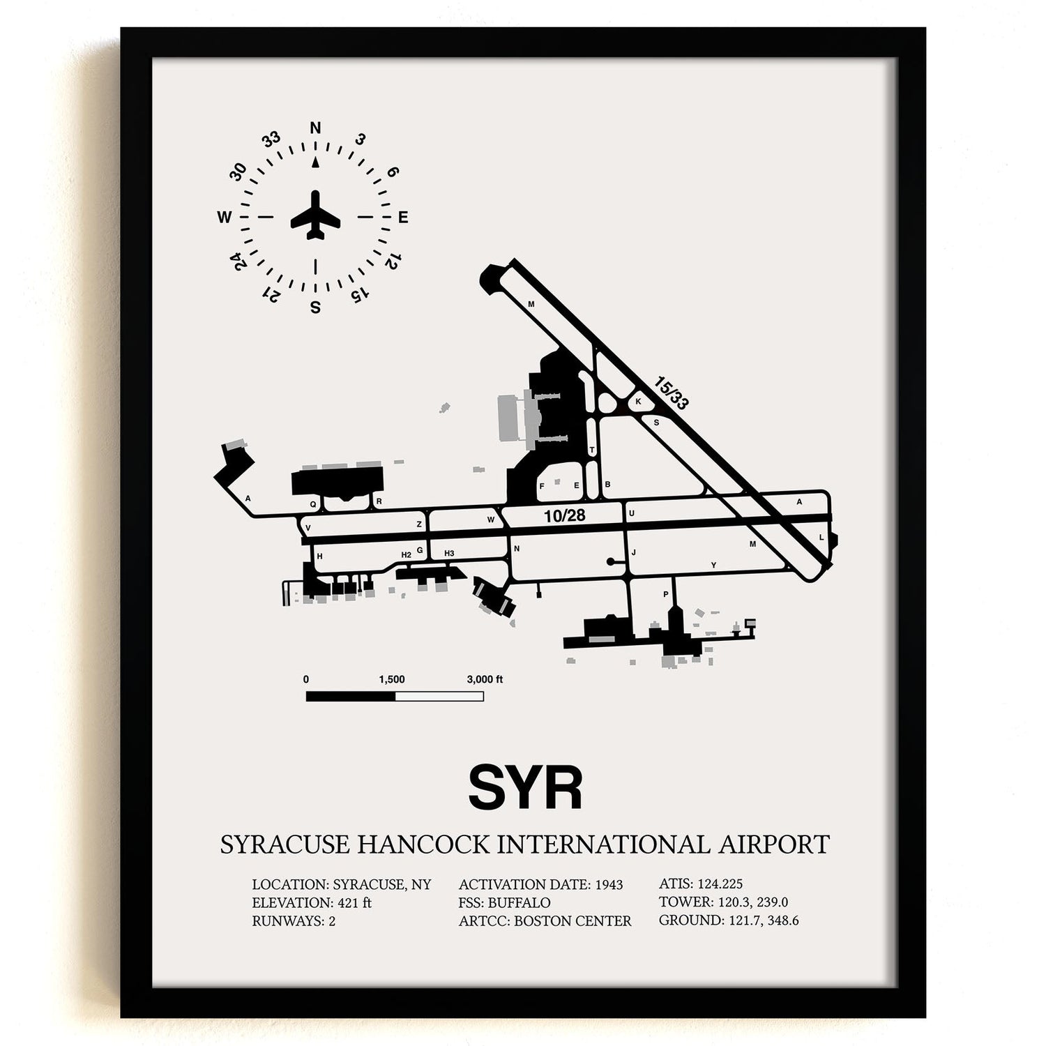 Framed Detailed Airport Map of Syracuse Hancock International Airport (SYR) in White with a Black Frame