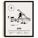 Framed Detailed Airport Map of Syracuse Hancock International Airport (SYR) in White with a Black Frame
