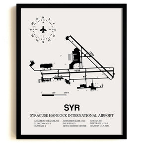 Framed Detailed Airport Map of Syracuse Hancock International Airport (SYR) in White with a Black Frame