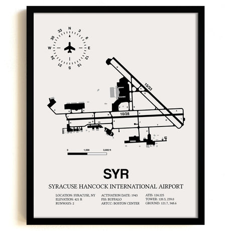 Framed Detailed Airport Map of Syracuse Hancock International Airport (SYR) in White with a Black Frame