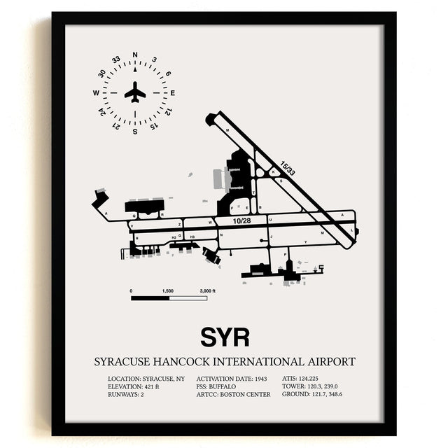 Framed Detailed Airport Map of Syracuse Hancock International Airport (SYR) in White with a Black Frame