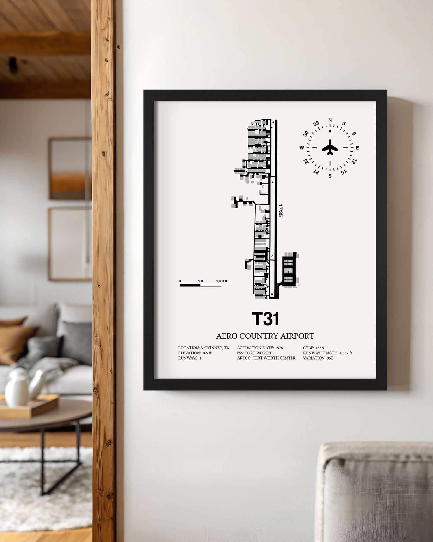 Framed Detailed Airport Map of Aero Country Airport (T31) in White with a Black Frame