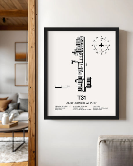 Framed Detailed Airport Map of Aero Country Airport (T31) in White with a Black Frame