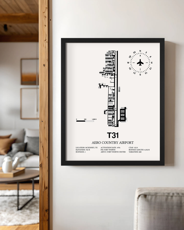 Framed Detailed Airport Map of Aero Country Airport (T31) in White with a Black Frame
