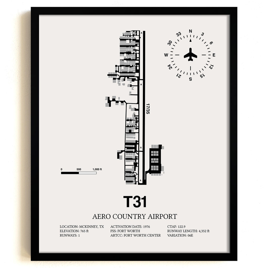 Framed Detailed Airport Map of Aero Country Airport (T31) in White with a Black Frame