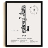 Framed Detailed Airport Map of Aero Country Airport (T31) in White with a Black Frame