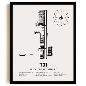 Framed Detailed Airport Map of Aero Country Airport (T31) in White with a Black Frame