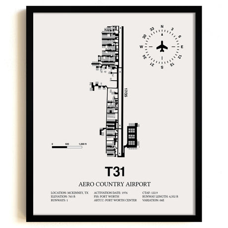 Framed Detailed Airport Map of Aero Country Airport (T31) in White with a Black Frame