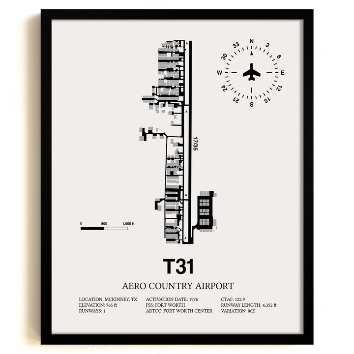 Framed Detailed Airport Map of Aero Country Airport (T31) in White with a Black Frame
