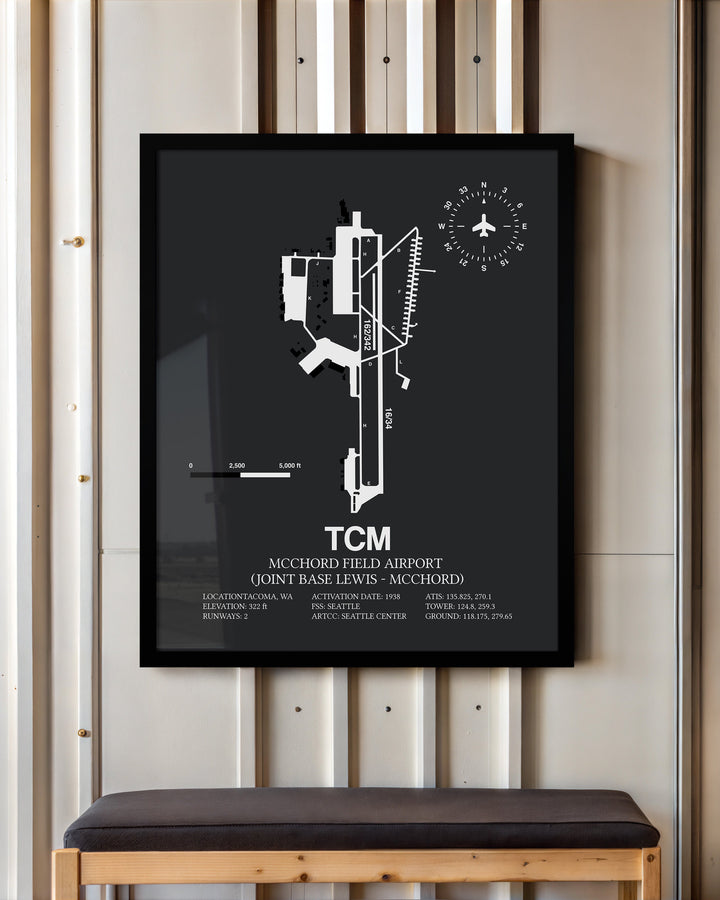 Framed Detailed Airport Map of McChord Field Airport (Joint Base Lewis-McChord) (TCM) in Gray with a Black Frame