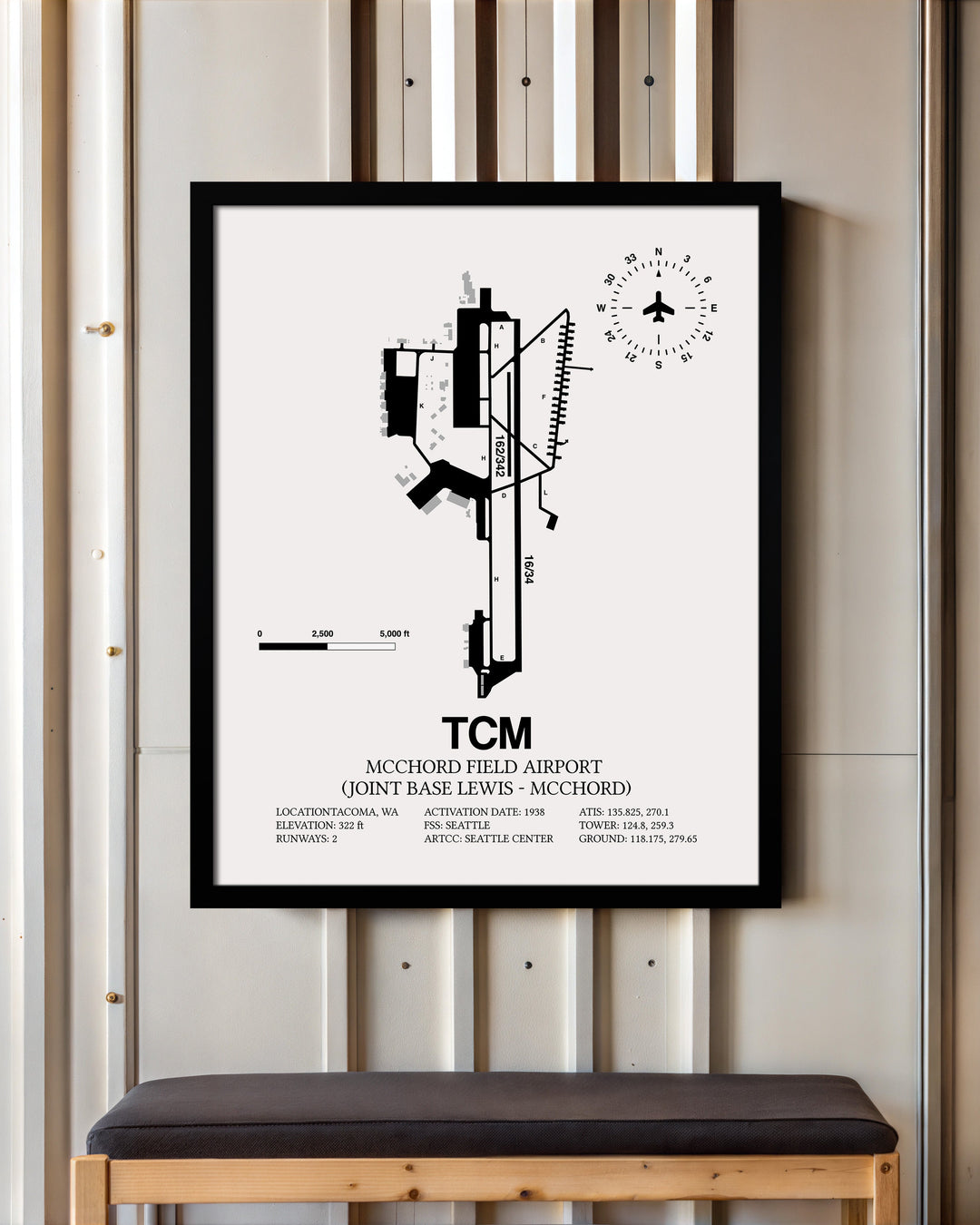 Framed Detailed Airport Map of McChord Field Airport (Joint Base Lewis-McChord) (TCM) in White with a Black Frame