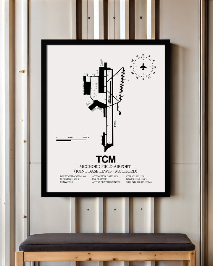 Framed Detailed Airport Map of McChord Field Airport (Joint Base Lewis-McChord) (TCM) in White with a Black Frame