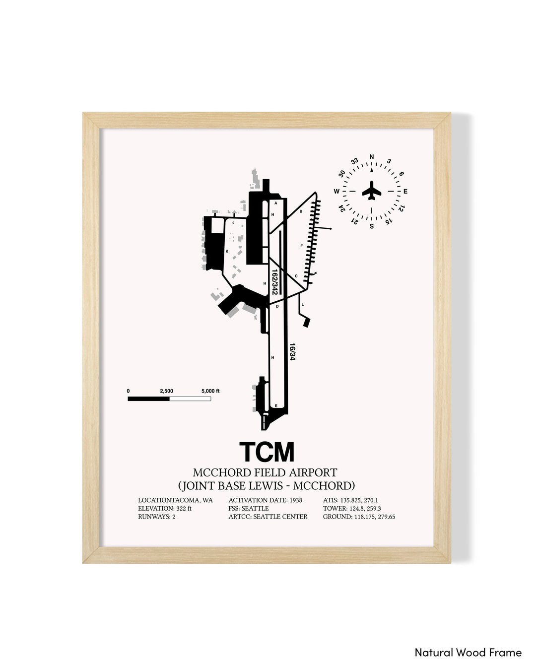 Detailed Airport Map of McChord Field Airport (Joint Base Lewis-McChord) (TCM) in White with a Natural Frame