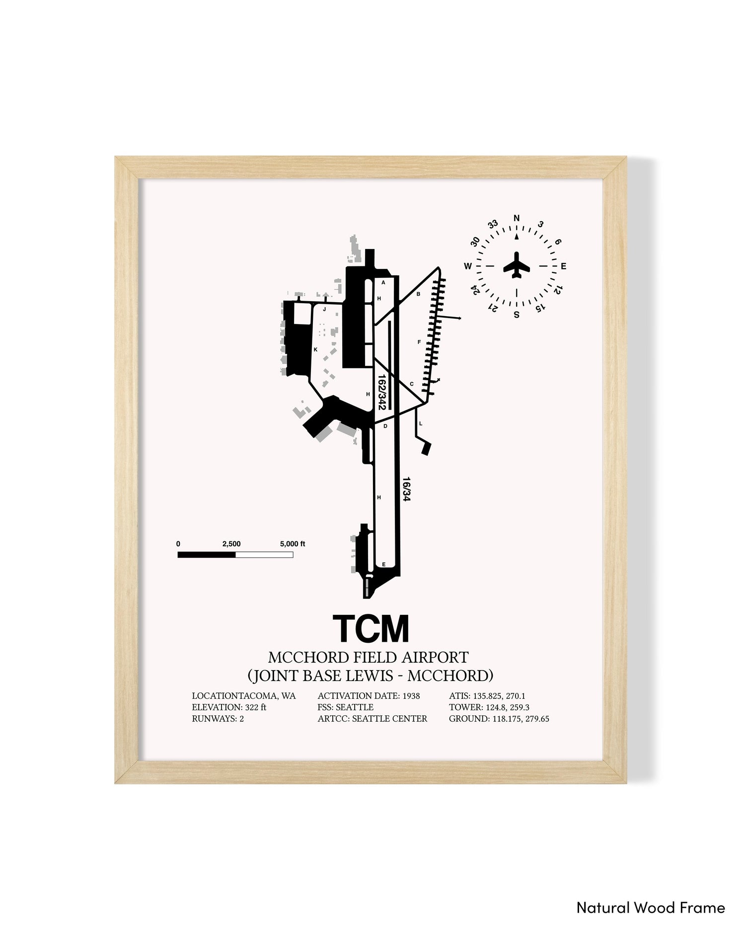 Detailed Airport Map of McChord Field Airport (Joint Base Lewis-McChord) (TCM) in White with a Natural Frame