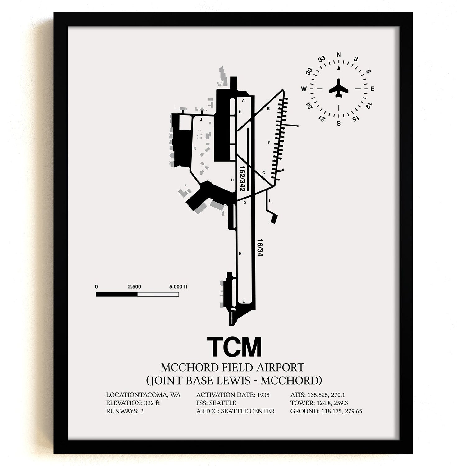 Framed Detailed Airport Map of McChord Field Airport (Joint Base Lewis-McChord) (TCM) in White with a Black Frame