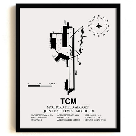Framed Detailed Airport Map of McChord Field Airport (Joint Base Lewis-McChord) (TCM) in White with a Black Frame