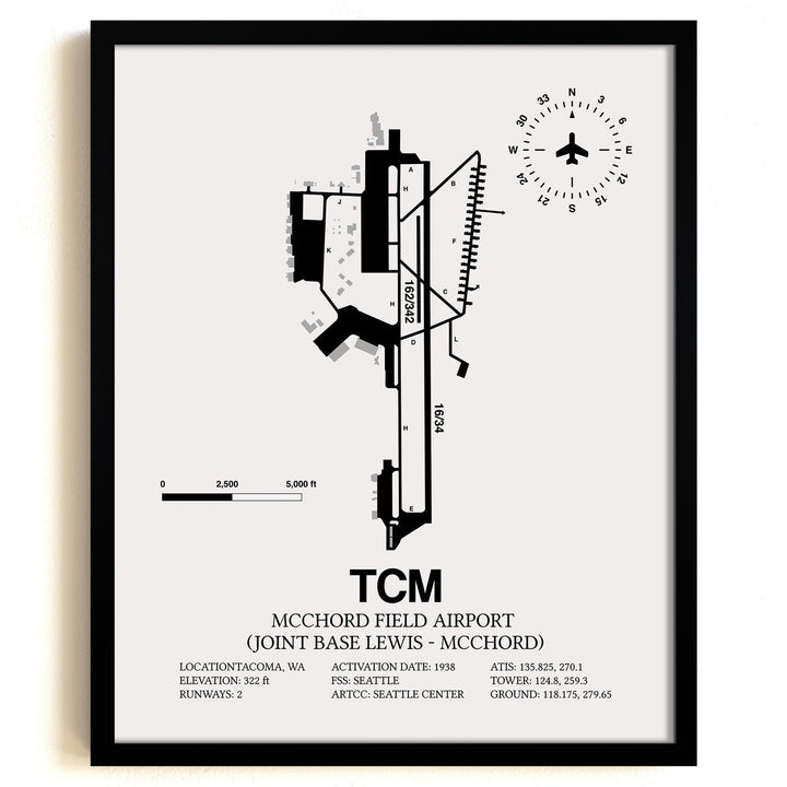 Framed Detailed Airport Map of McChord Field Airport (Joint Base Lewis-McChord) (TCM) in White with a Black Frame