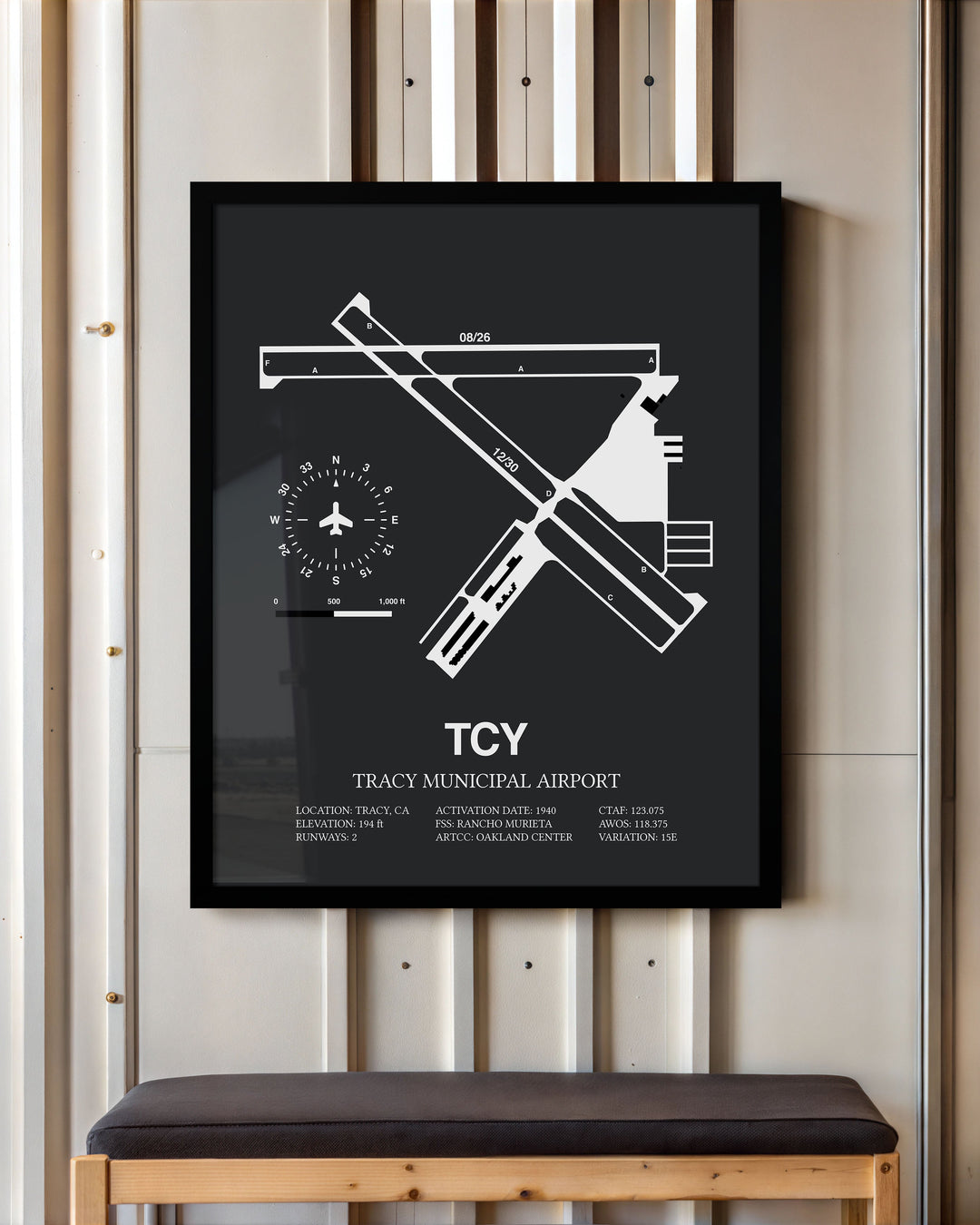 Framed Detailed Airport Map of Tracy Municipal Airport (TCY) in Gray with a Black Frame