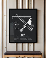 Framed Detailed Airport Map of Tracy Municipal Airport (TCY) in Gray with a Black Frame