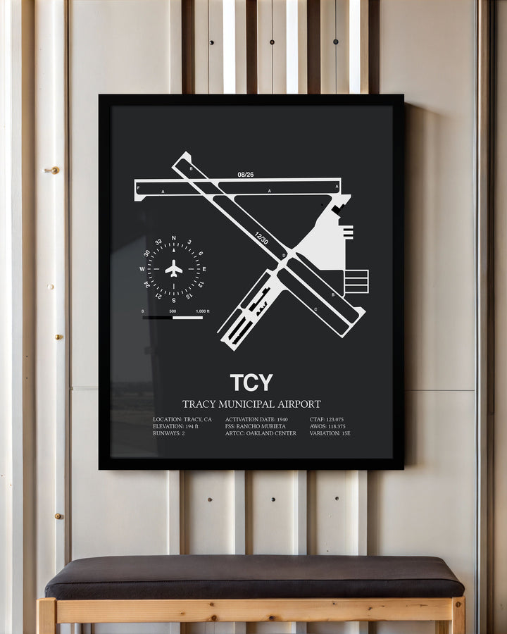 Framed Detailed Airport Map of Tracy Municipal Airport (TCY) in Gray with a Black Frame