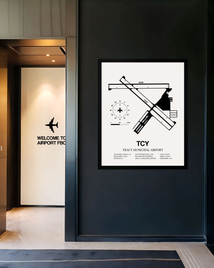 Framed Detailed Airport Map of Tracy Municipal Airport (TCY) in White with a Black Frame