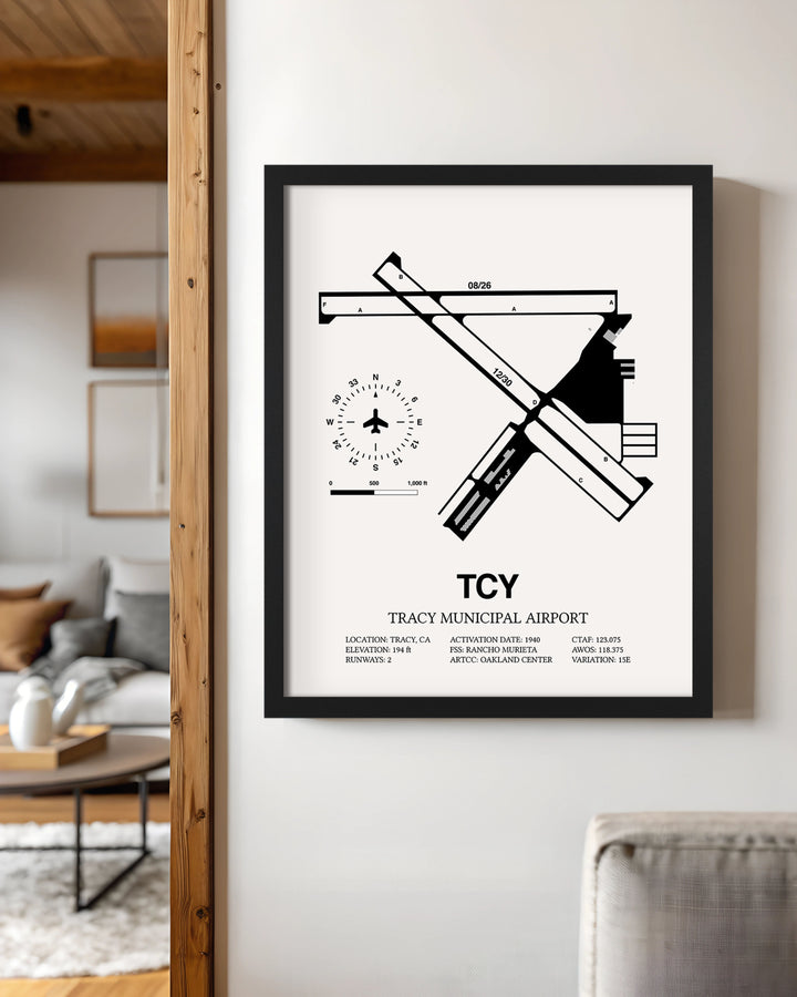 Framed Detailed Airport Map of Tracy Municipal Airport (TCY) in White with a Black Frame
