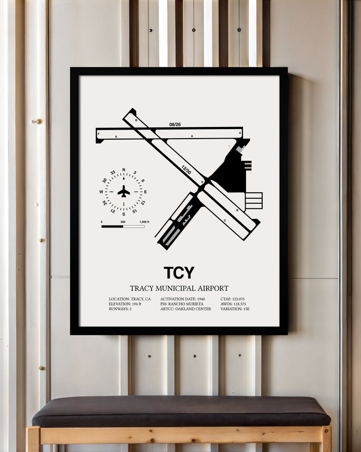 Framed Detailed Airport Map of Tracy Municipal Airport (TCY) in White with a Black Frame