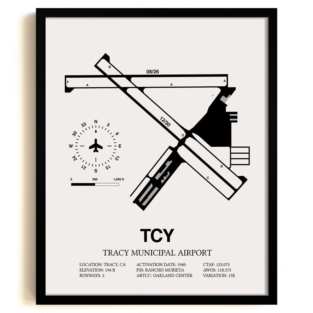 Framed Detailed Airport Map of Tracy Municipal Airport (TCY) in White with a Black Frame