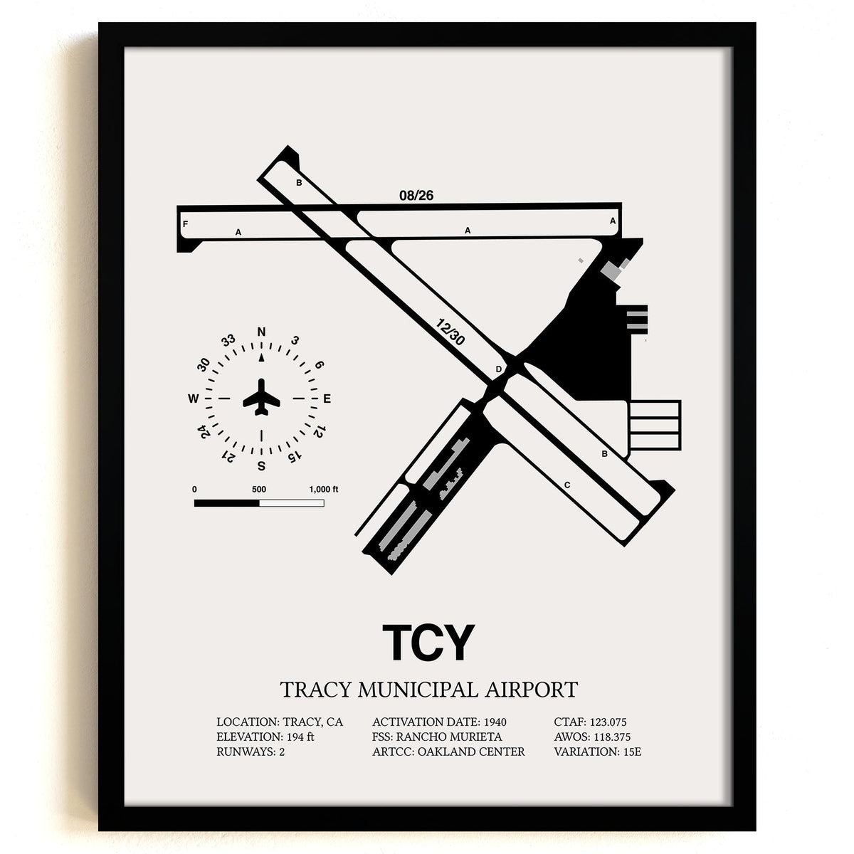 Framed Detailed Airport Map of Tracy Municipal Airport (TCY) in White with a Black Frame