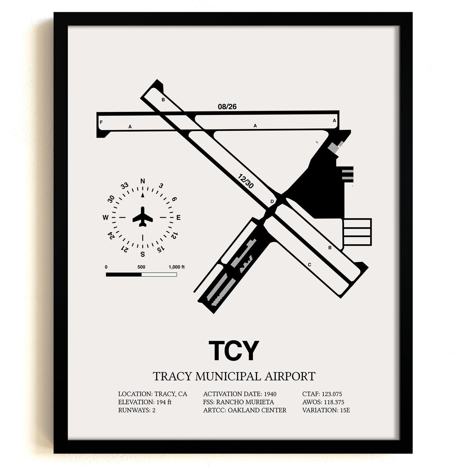 Framed Detailed Airport Map of Tracy Municipal Airport (TCY) in White with a Black Frame