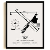 Framed Detailed Airport Map of Tracy Municipal Airport (TCY) in White with a Black Frame