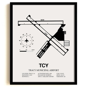 Framed Detailed Airport Map of Tracy Municipal Airport (TCY) in White with a Black Frame