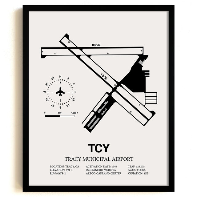 Framed Detailed Airport Map of Tracy Municipal Airport (TCY) in White with a Black Frame