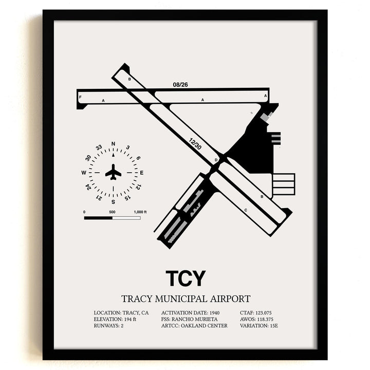 Framed Detailed Airport Map of Tracy Municipal Airport (TCY) in White with a Black Frame