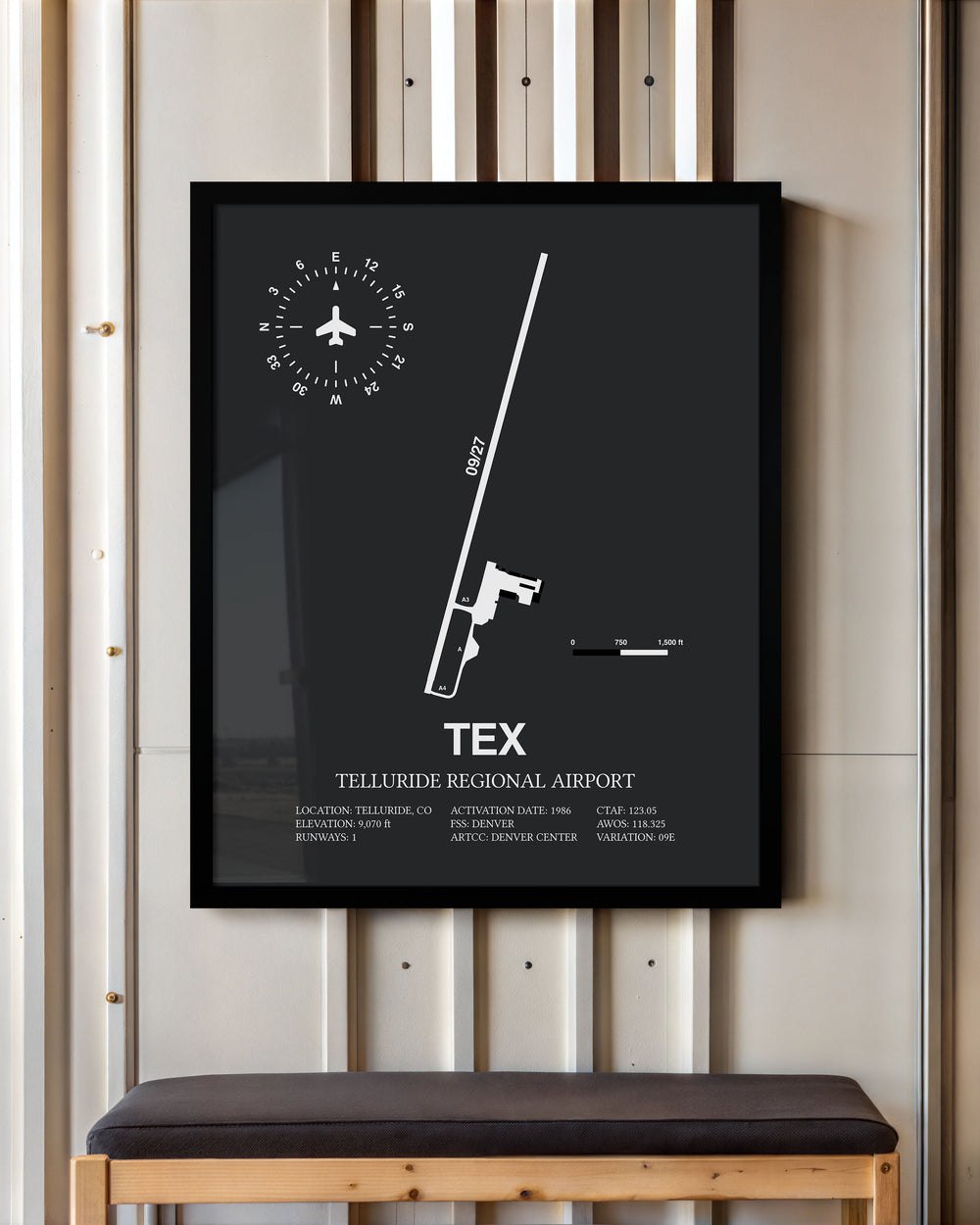 Framed Detailed Airport Map of Telluride Regional Airport (TEX) in Gray with a Black Frame