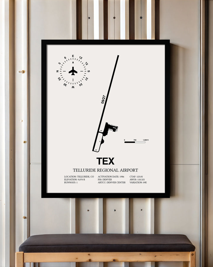 Framed Detailed Airport Map of Telluride Regional Airport (TEX) in White with a Black Frame