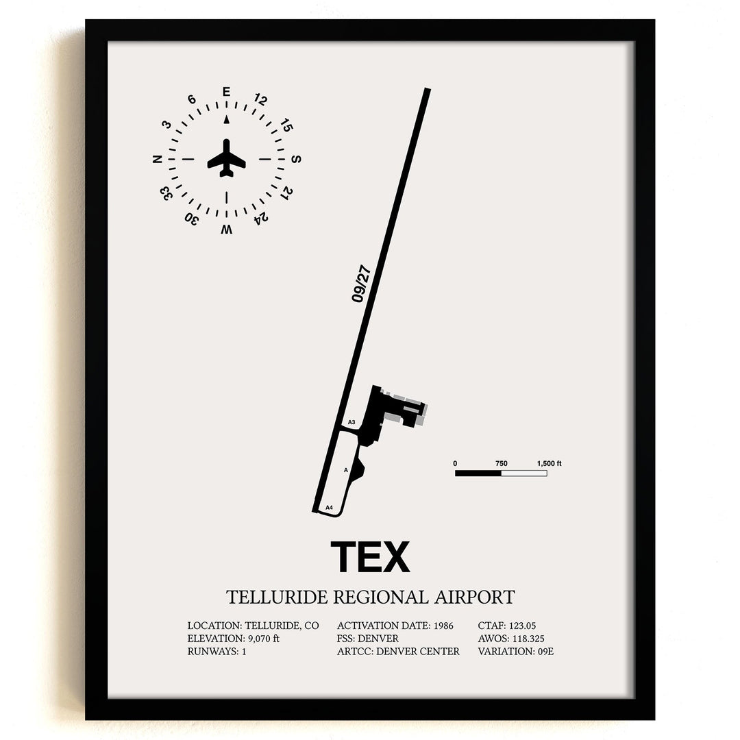 Framed Detailed Airport Map of Telluride Regional Airport (TEX) in White with a Black Frame