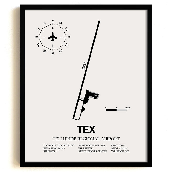 Framed Detailed Airport Map of Telluride Regional Airport (TEX) in White with a Black Frame