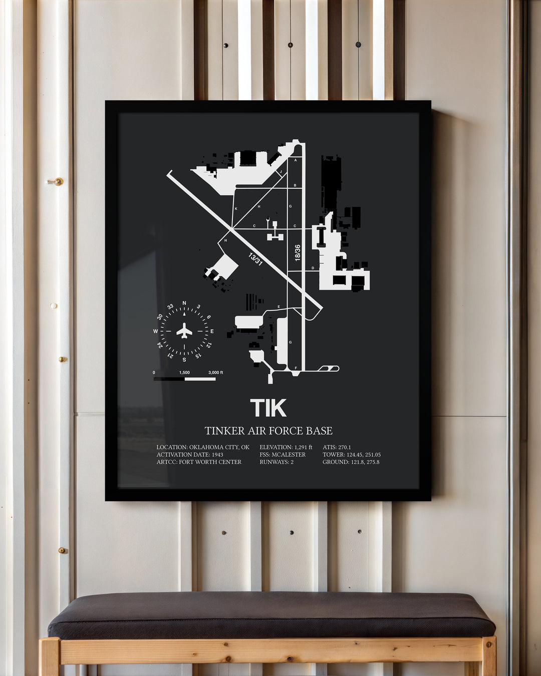 Framed Detailed Airport Map of Tinker Air Force Base (TIK) in Gray with a Black Frame