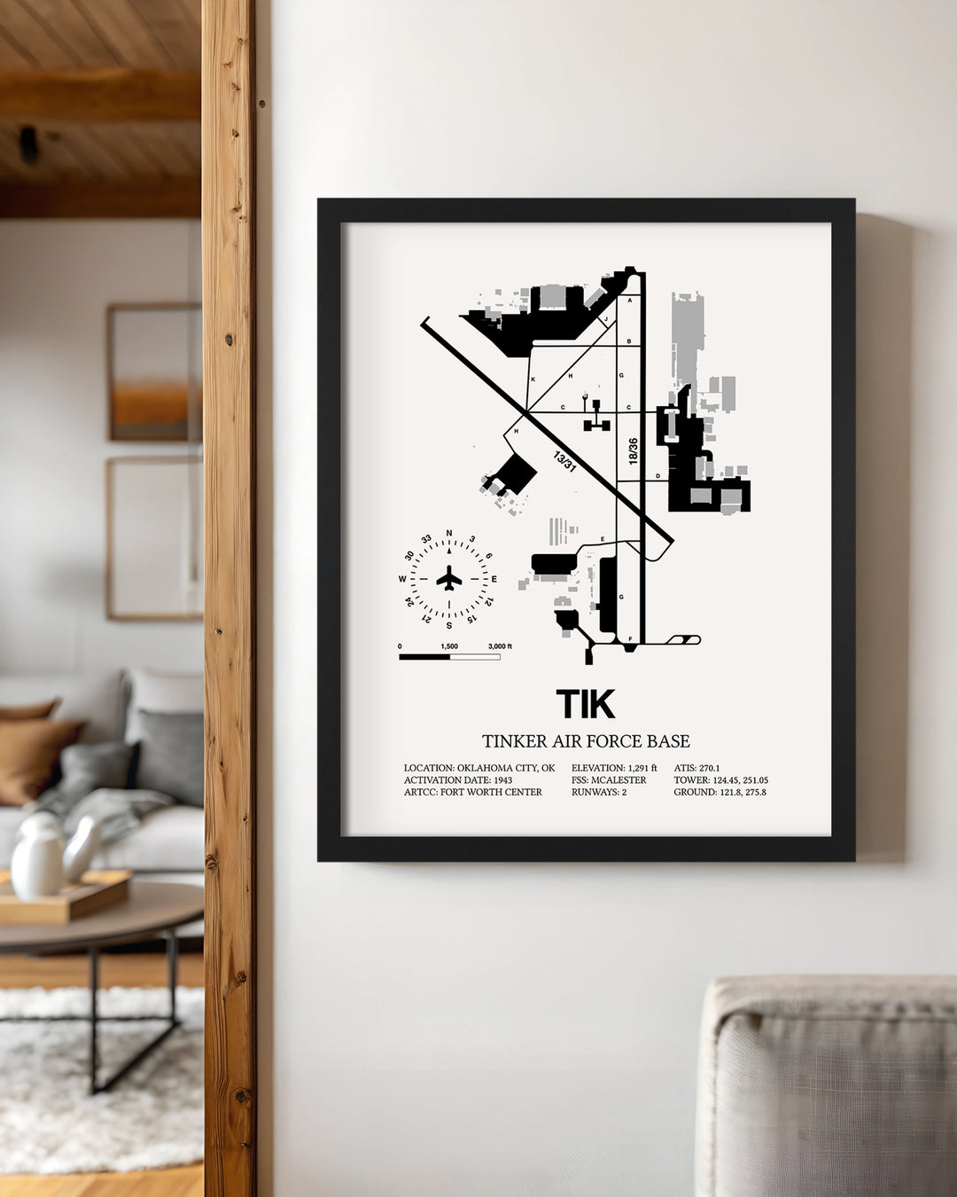 Framed Detailed Airport Map of Tinker Air Force Base (TIK) in White with a Black Frame