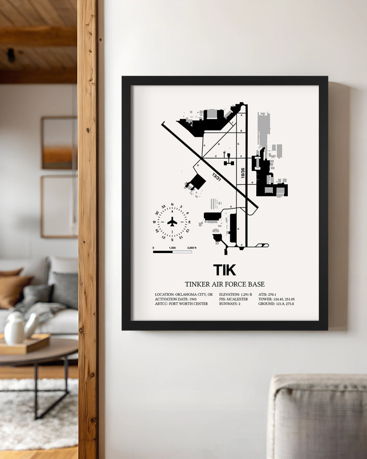 Framed Detailed Airport Map of Tinker Air Force Base (TIK) in White with a Black Frame