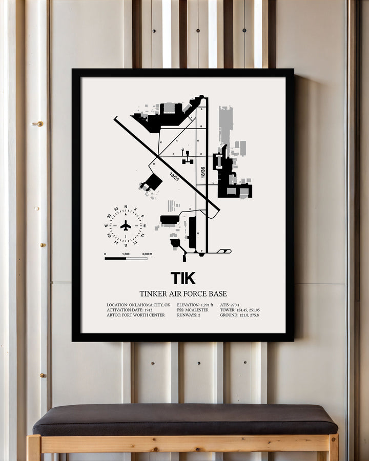Framed Detailed Airport Map of Tinker Air Force Base (TIK) in White with a Black Frame