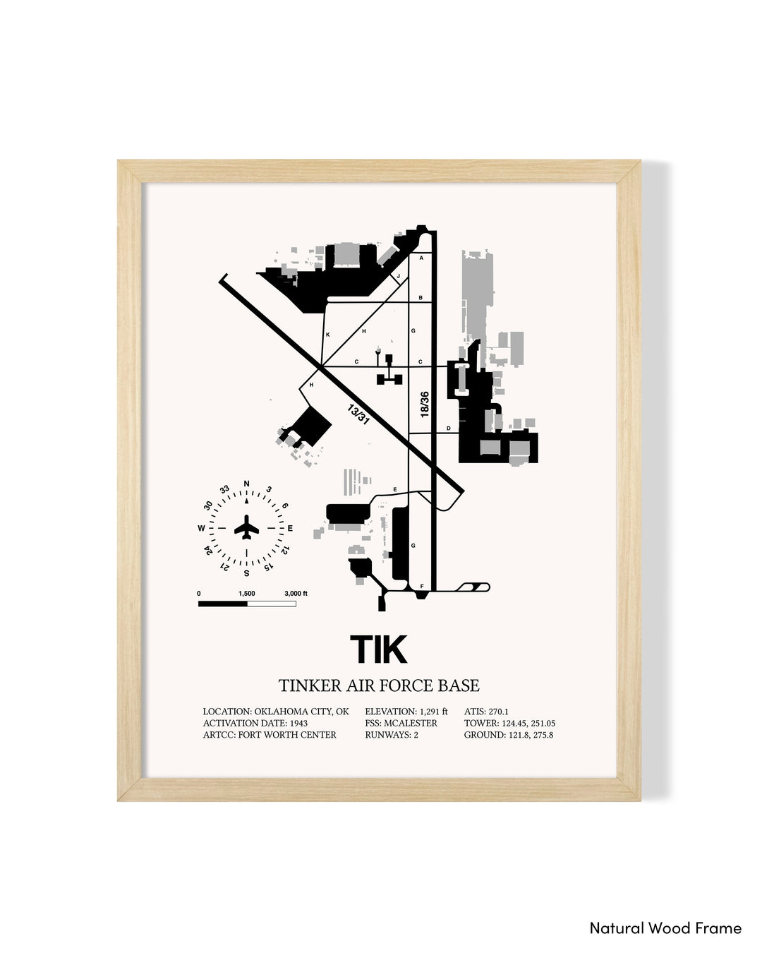 Detailed Airport Map of Tinker Air Force Base (TIK) in White with a Natural Frame