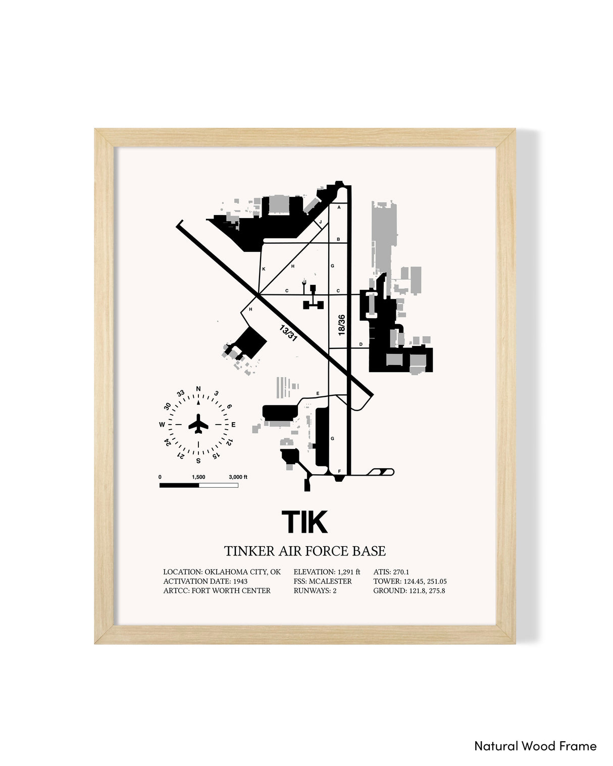Detailed Airport Map of Tinker Air Force Base (TIK) in White with a Natural Frame
