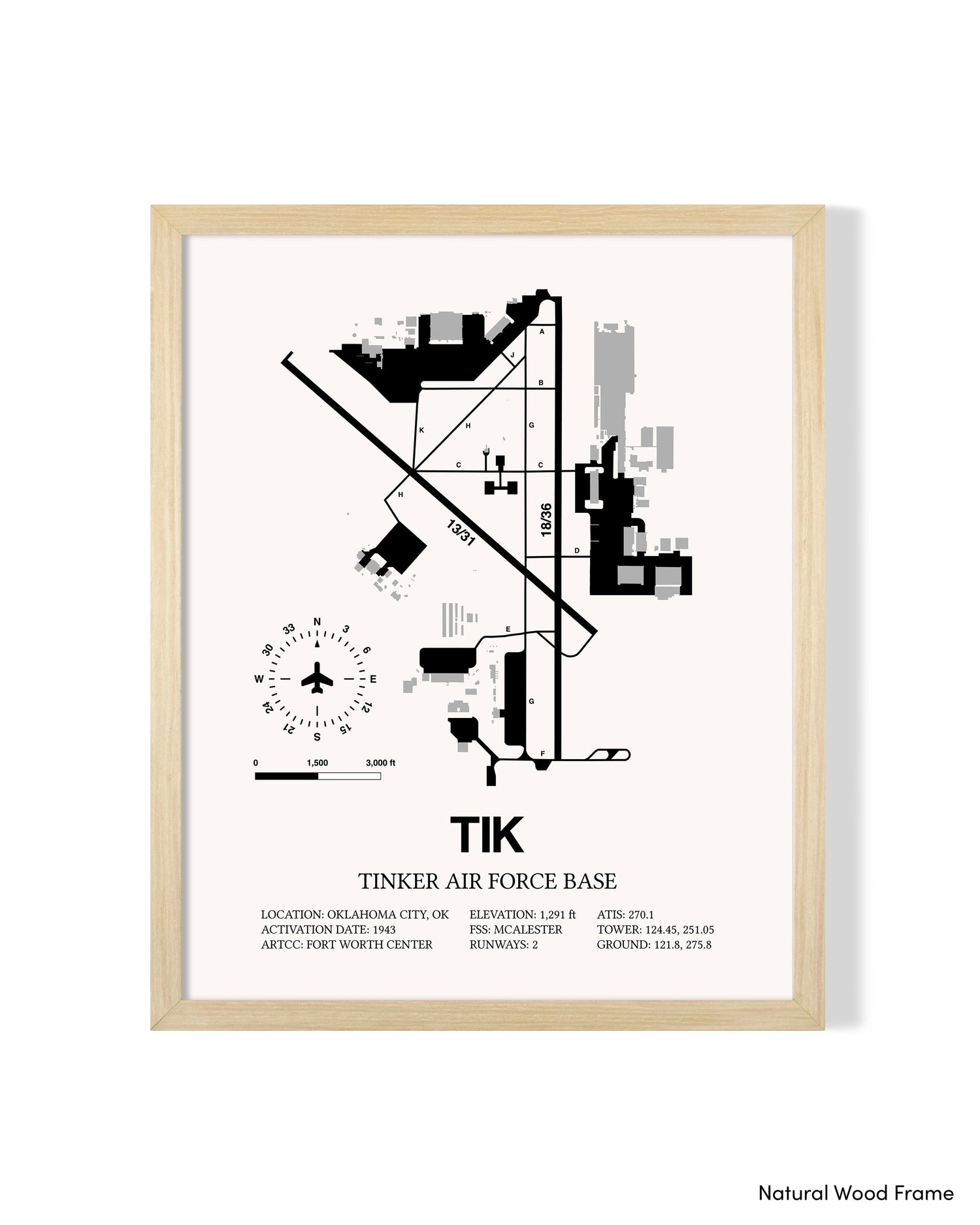 Detailed Airport Map of Tinker Air Force Base (TIK) in White with a Natural Frame