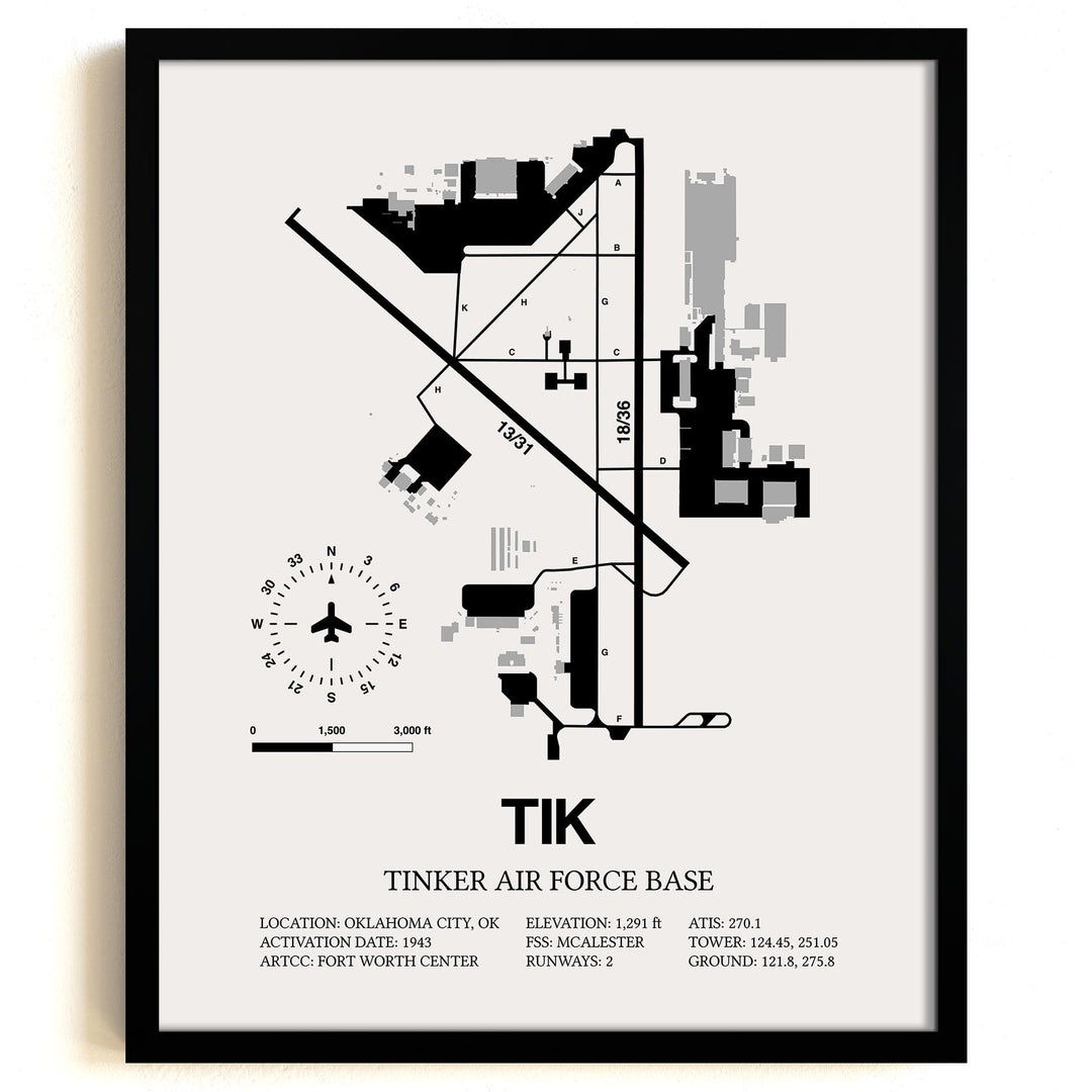 Framed Detailed Airport Map of Tinker Air Force Base (TIK) in White with a Black Frame