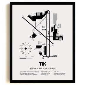 Framed Detailed Airport Map of Tinker Air Force Base (TIK) in White with a Black Frame